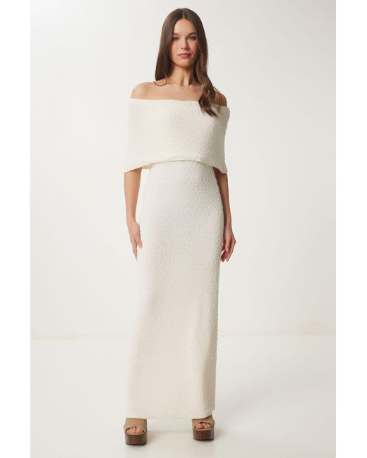 Happiness İstanbul Natural Cremefarbenes Sommer-Strickkleid Mit Carmen-Kragen Für Damen