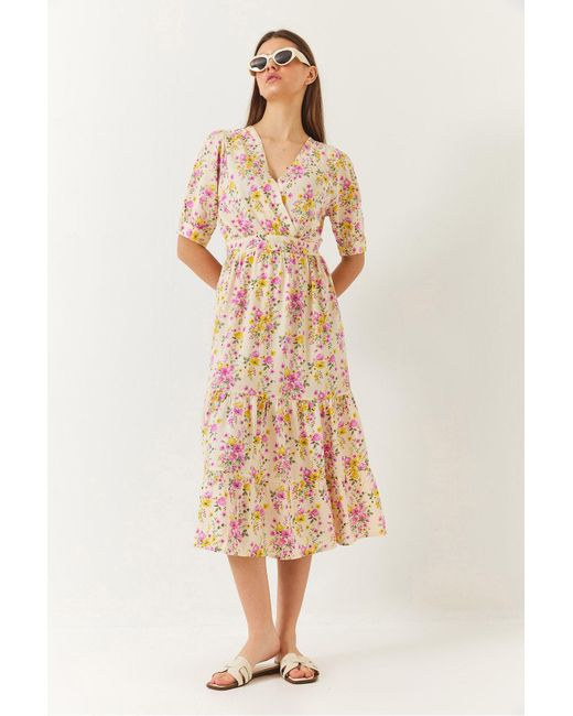 Bianco Lucci Natural Kleid Aus Viskose Mit Zweireihigem Ausschnitt Und Blumenmuster Und Kurzen Ärmeln Für Damen