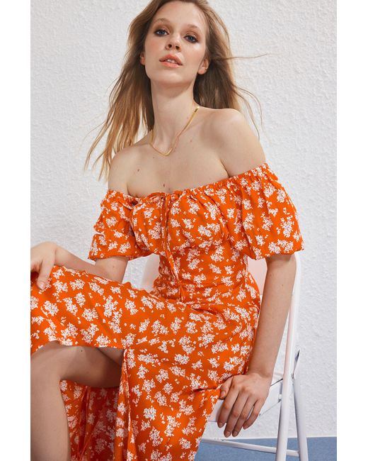 Trendyol Orangefarbenes, Gewebtes Midi-Kleid Mit Blumenmuster Für Damen