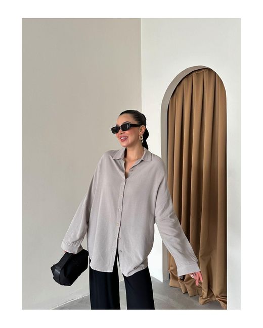 Laluvia Gray Graues Leinen-Oversize-Shirt Schulterfrei Für Damen