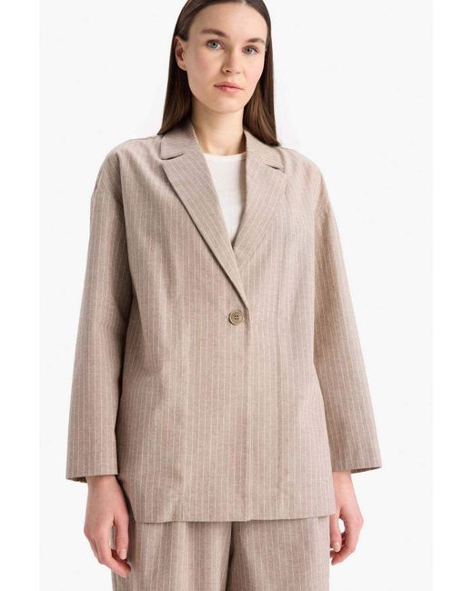 Defacto Natural Relax Fit Jacke Kragen Linie Gemustert Leinen Blazer Jacke Für Damen