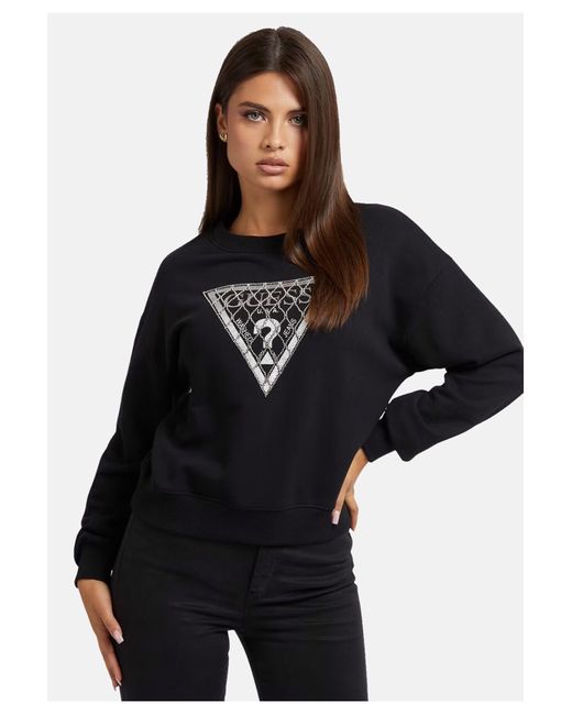 Guess Black Pullover unifarbener sweater crystal mesh mit rundhalsausschnitt und rippbündchen in regular fit