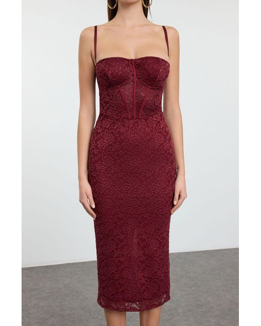 Trendyol Red Burgunderfarbenes, Mit Spitze Gefüttertes, Gestricktes Midikleid Für Damen