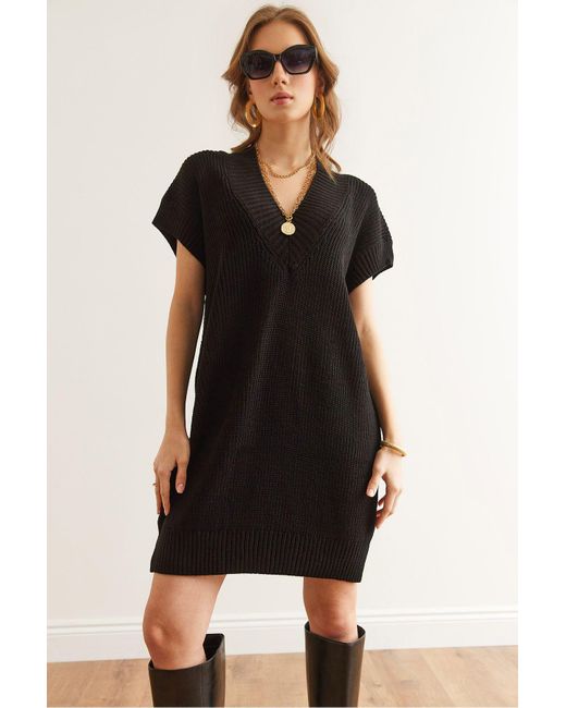 Olalook Black Schwarzes Strick-Tunika-Kleid Mit V-Ausschnitt Elb- 19002343 Für Damen