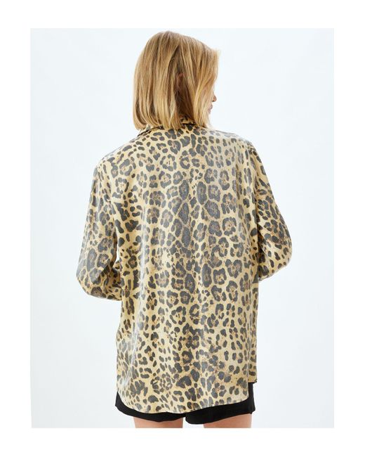 Koton White Langärmliges Hemd Aus Satin Mit Leopardenmuster Und Normaler Passform Für Damen