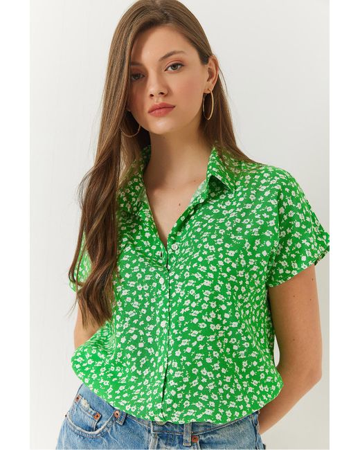 Bianco Lucci Green Gemustertes Viskosehemd Mit Fledermausärmeln Für Damen