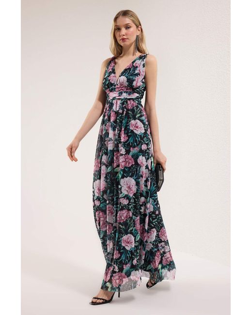 Trendyol Blue Mehrfarbiges A-Linien-Flieger-Flieger-Tüll-Strick-Lang-Stilvolles Abendkleid Für Den Abend, Mezuiyet-Kleid Für Damen