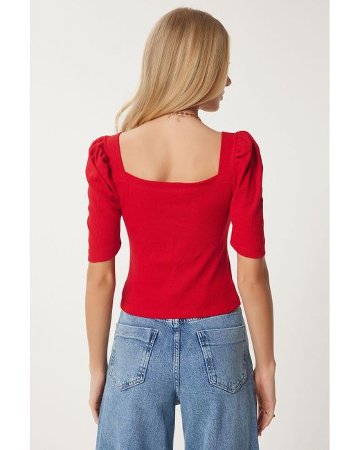 Happiness İstanbul Red Rote 2Er-Pack Gerippte Crop-Bluse Mit Quadratischem Ausschnitt Für Damen