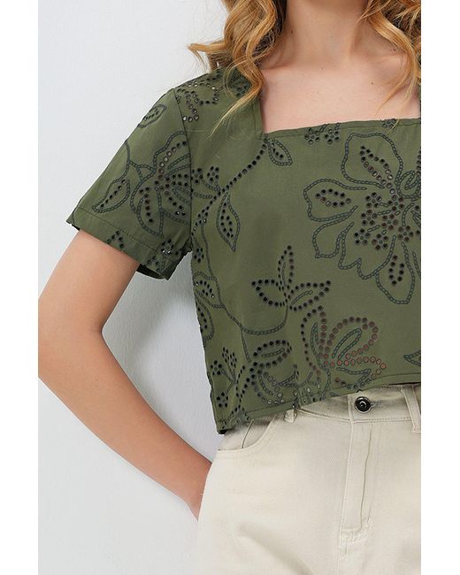 Trend Alaçatı Stili Green Khakifarbene Guipure-Bluse Mit Quadratischem Ausschnitt – Premium Dokumacrop-Bluse – Für Damen