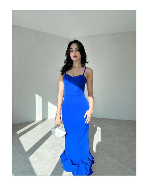 Afiş Butik Blue Asymmetrisch Geschnittenes Midikleid – Gebogener Saum Für Damen