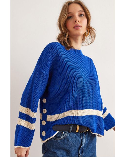 Olalook Blue Blauer Saks-Strickpullover Mit Seitlichem Knopfdetail Kzk- 19000967 Für Damen