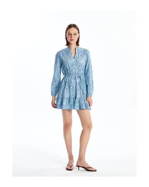 LC Waikiki Blue Lcw Vision Print Langarm-Kleid Mit Überkragen Für Damen