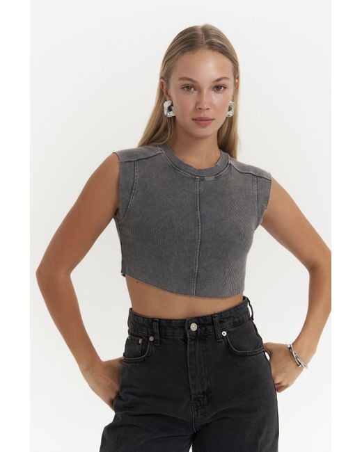 MAİ COLLECTİON Gray Swipe Smoked Washed Crop Für Damen