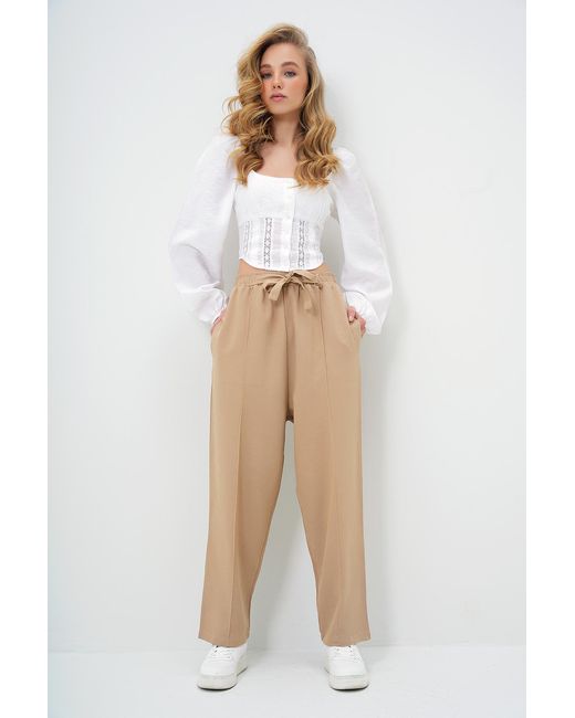 Trend Alaçatı Stili Natural Beigefarbene Palazzo-Pantalon Aus Leinen Mit Hoher Taille Und Doppelten Taschen Für Damen
