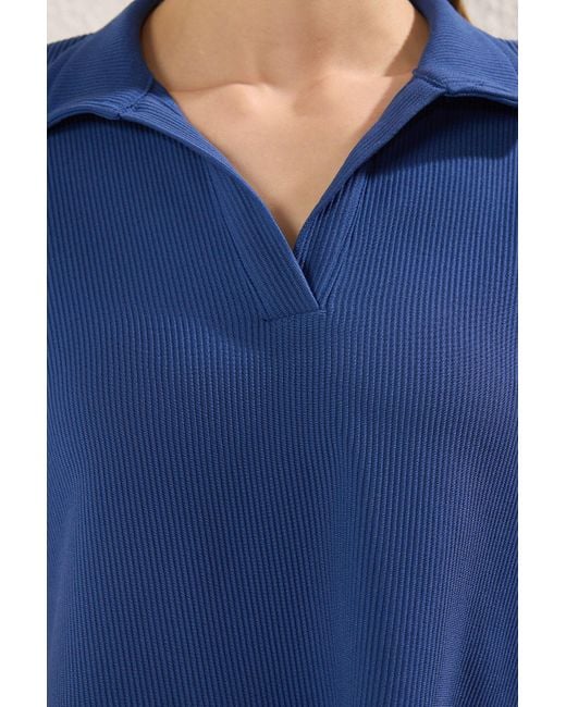 Trendyol Blue Polokragen-Crop-Strick-T-Shirt – Bequeme Passform Für Damen