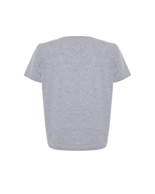Trendyol Gray Meliertes boyfriend-strick-t-shirt mit slogan-print
