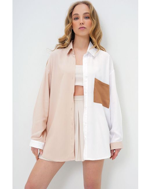 Trend Alaçatı Stili Red Ecrufarbenes, Gewebtes Viskosehemd Mit Blockmuster Und Einer Tasche Für Damen