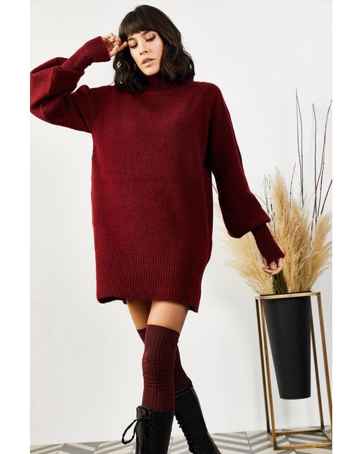 Olalook Red Burgunderfarbenes, Lockeres Strickkleid Mit Rollkragen Und Ballonärmeln Für Damen