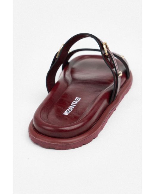 NİŞANTAŞI SHOES Multicolor Zizi Burgundy Matte Schnalle Detaillierte Doppel Band Flache Sohle Hausschuhe Für Damen