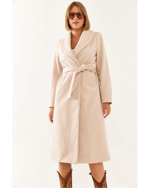 Bianco Lucci Natural Mantel Aus Kaschmir Mit Gürtel – 2353 Für Damen