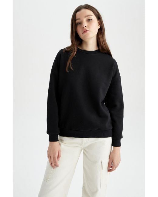 Defacto Black Basic-sweatshirt mit rundhalsausschnitt