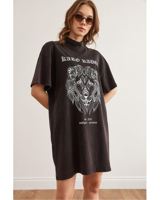 Olalook Black Schwarzes Halb Gewaschenes Tunikakleid Elb- 19002350 Für Damen