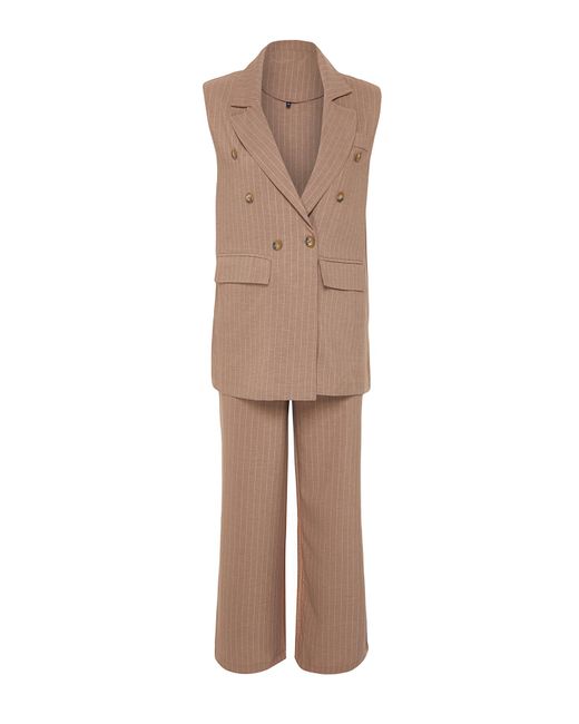 Trendyol Natural Anzug aus nerzfarbenem, gestreiftem stoff, weste, hose, gewebter unterteil und oberteil