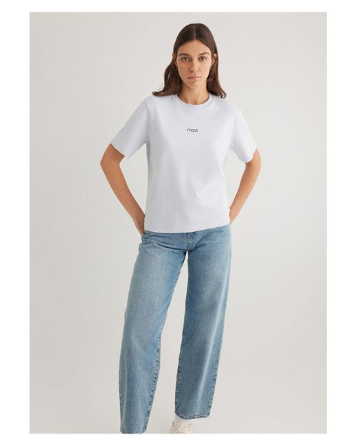 Mavi Blue Weißes T-Shirt Mit Logo-Print, Lockere Passform Lockere, Entspannte Passform -89201 Für Damen