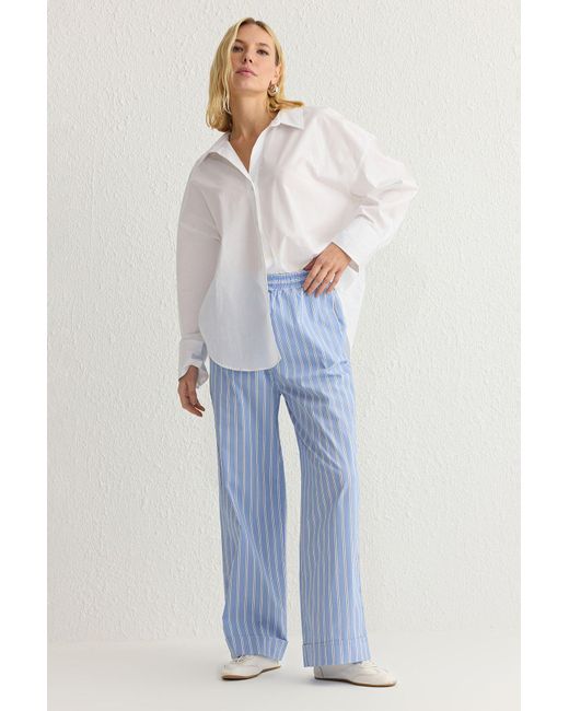 Trendyol Blue Blaue Hose Mit Elastischem Bund Und Streifen, Weites Bein/Weites Bein Für Damen