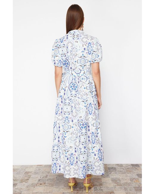 Trendyol Blue Blaues, Weit Geschnittenes, Gewebtes Maxikleid Mit Hemdkragen Für Damen