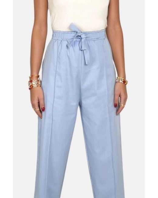 Trend Alaçatı Stili Blue Blaue Palazzo-Hose Aus Leinen Mit Hoher Taille Und Doppelter Tasche Vorne, Für Damen