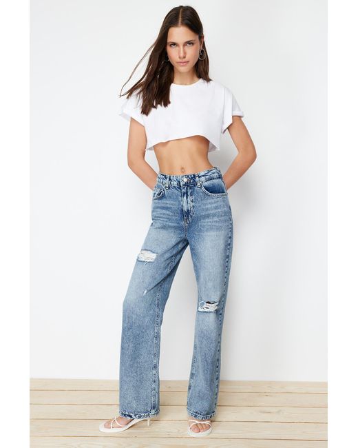 Trendyol Blue E zerrissene jeans mit weitem bein und hoher taille