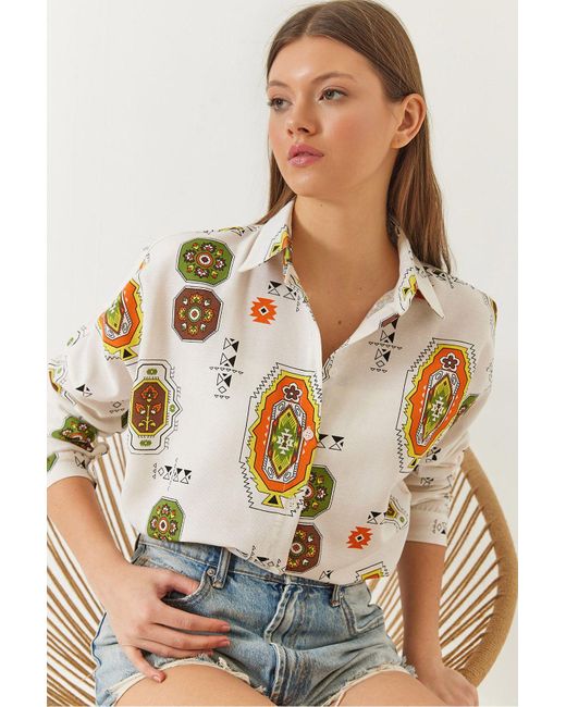 Bianco Lucci Orange Gefaltetes, Gemustertes Leinenhemd Für Damen