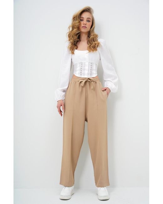 Trend Alaçatı Stili Natural Beigefarbene Palazzo-Pantalon Aus Leinen Mit Hoher Taille Und Doppelten Taschen Für Damen