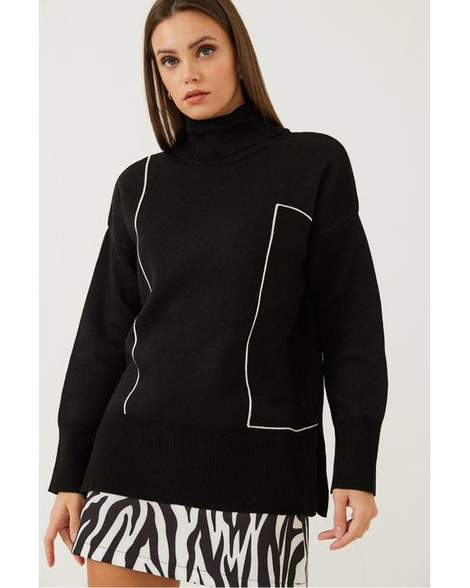 Bianco Lucci Black Geometrisch Gemusterter Rollkragenpullover Für Damen