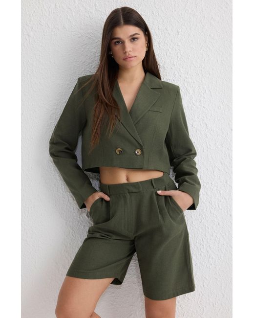 Trendyol Green Kurze Zweireihige-Blazerjacke – Leinenweberei, Für Damen