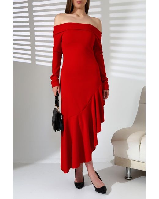 Deafox Red Kleid Aus Rotem Kreppstoff Mit Asymmetrischem Saum Und U-Boot-Ausschnitt Für Damen