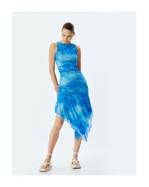 Koton Blue Midikleid Aus Tüll, Ärmellos, Abstraktes Muster, Drapiert, Asymmetrischer Schnitt, Rundhalsausschnitt Für Damen