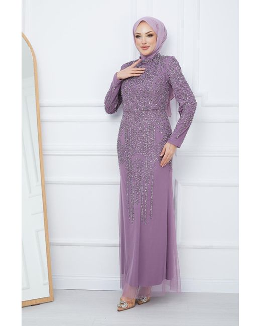 Olcay Purple Mit perlen und steinen besetztes tüll-hijab-abendkleid