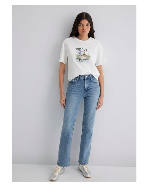 Mavi White Weißes T-Shirt Mit Prag-Aufdruck, Reguläre Passform -70057 Für Damen
