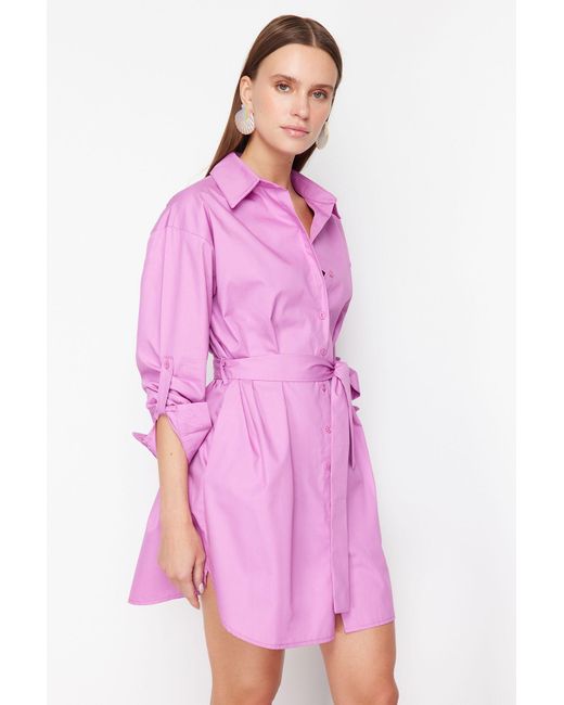 Trendyol Pink Fuchsiafarbenes Mini-Hemdkleid Aus Gewebter 100% Baumwolle Mit Gürtel Für Damen