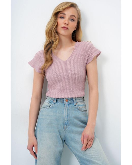Trend Alaçatı Stili Multicolor Strickbluse Mit V-Ausschnitt Und Durchbrochenem V-Ausschnitt Vorne Und Hinten