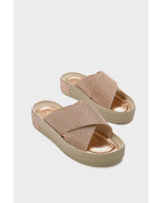 Capone Outfitters Blue Maren Cross Stone Banded Stone Detaillierte Hausschuhe Mit Keilabsatz Für Damen