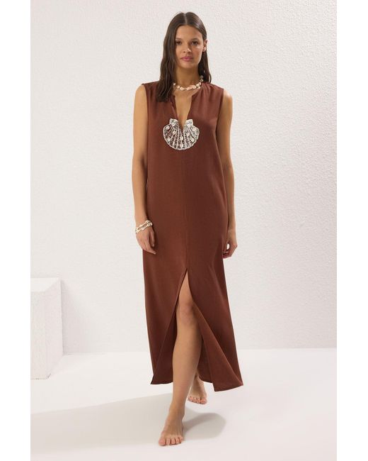 Trendyol Brown Braunes Maxi-Strandkleid Mit Gewebten Accessoires Für Damen