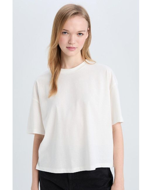 Defacto White Coool Loose Fit Rundhalsausschnitt Basic Plain Dicker Stoff Kurzarm Weißes T-Shirt E0291Ax25Sm Für Damen