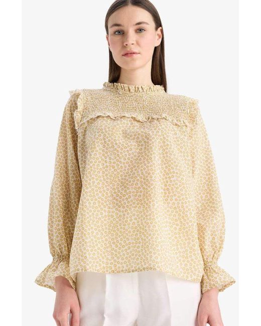 Defacto Natural Reguläre Passform, Gemusterter Rüschenkragen, Voile, Langärmelige Hijab-Blusen-Tunika E7966Ax25Sm Für Damen