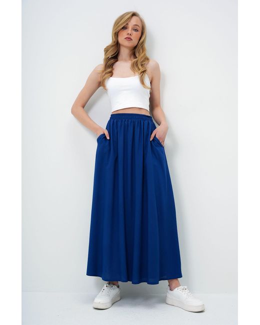 Trend Alaçatı Stili Blue Marineblauer, Ausgestellter Webrock Mit Zwei Taschen Alc-X13876 Für Damen