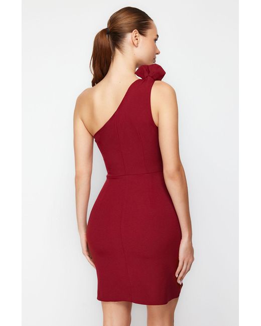 Trendyol Red Burgunderrotes, Kurzes, Stilvolles Abendkleid Mit Kragen Detailliert Gewebtes Kleid Für Damen