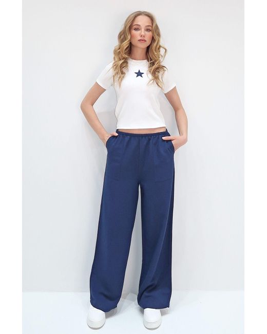 Trend Alaçatı Stili Blue Marineblaue Hose Aus Leinen Mit Weitem Bein Und Doppelter Tasche Und Elastischem Bund Für Damen