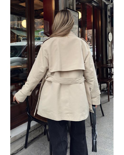 Olcay Black Gefütterter Kurzer Trenchcoat Mit Umhang Und Gürtel-Detail Bej Für Damen